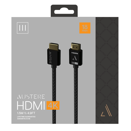 Austere HDMI cable packaging with branding and product details.